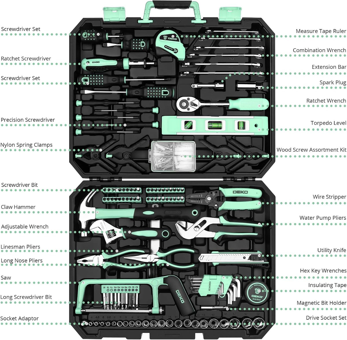 DEKOPRO 228 Piece Socket Wrench Auto Repair Tool Combination Package Mixed Tool Set Hand Tool Kit with Plastic Toolbox Storage Case
