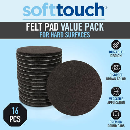 SoftTouch 1.5" Round Reusable Felt Furniture Sliders for Hard Surfaces, Noise-Reducing Adhesive Moving and Protective Pads for Cabinets, Chairs, Tables & Decorative Items Set of 48, Brown