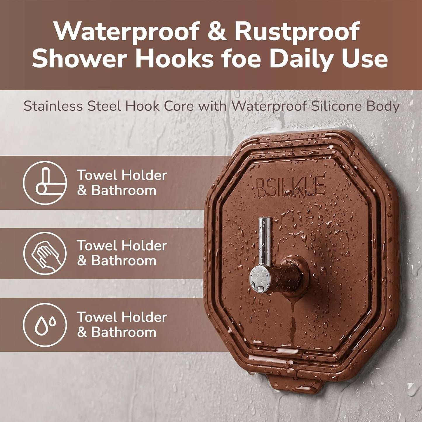 SILKLE Adhesive Silicone Shower Hooks - Adhesive Wall Hooks & Towel Holder for Bathroom, Tile, Glass, No-Drill, Waterproof & Rustproof, Heavy-Duty Stainless Steel, Damage-Free Removal - 2 Pack, Brown