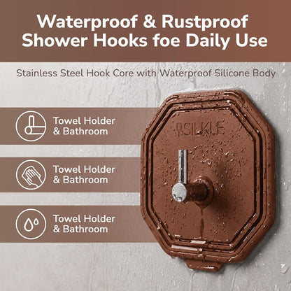 SILKLE Adhesive Silicone Shower Hooks - Adhesive Wall Hooks & Towel Holder for Bathroom, Tile, Glass, No-Drill, Waterproof & Rustproof, Heavy-Duty Stainless Steel, Damage-Free Removal - 2 Pack, Brown