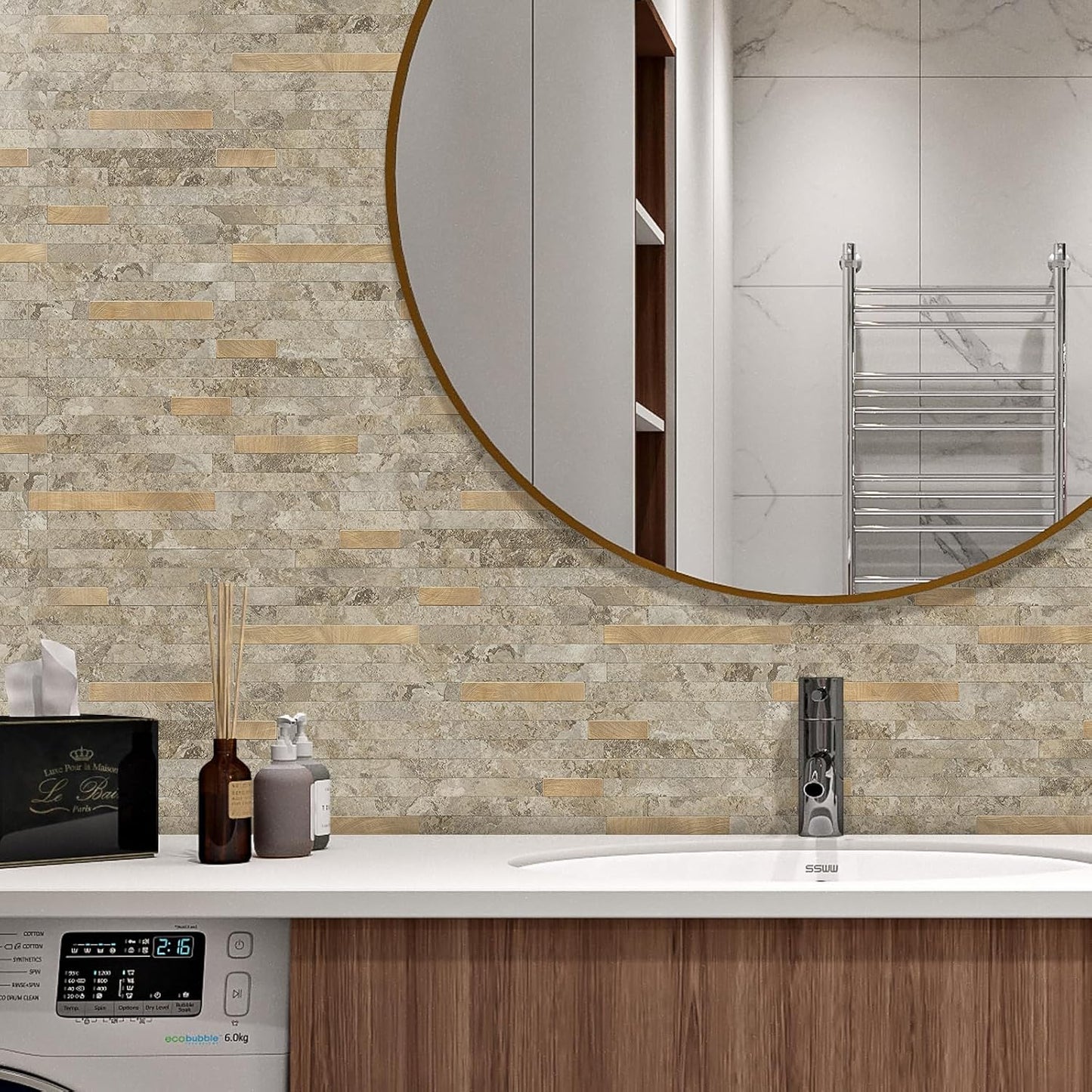 STICKGOO 20 Sheets Peel and Stick Backsplash Tile, Stick on Backsplash for Kitchen and Bathroom, White Sandstone Look PVC Mixed Metal Gold Self Adhesive Wall Tiles