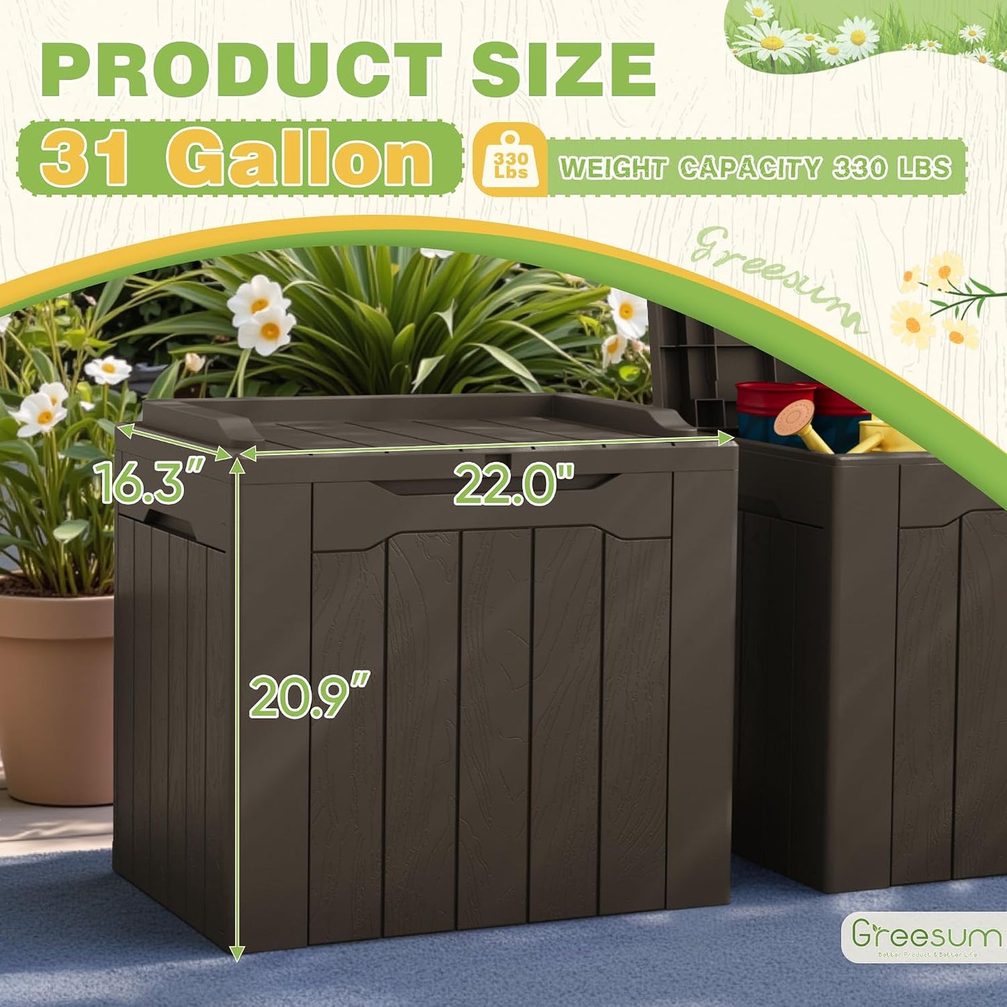 Greesum 31 Gallon Resin Deck Box All Weather Outdoor Storage Boxes for Patio Furniture Set,Outdoor Toys,Garden Tools,Black