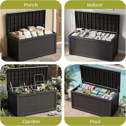 Waterproof Outdoor Storage Box Outside Deck Box Lockable Resin Bench UV Resistant Furniture Cushion Pool Tool Float Bin Patio Garden Porch (Black, 120 Gallon)