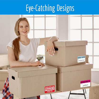 Hebayy 500 pcs 20 Designs Pre-Printed Color-Coded Home Moving Packing Box Labels with Writable Notes Areas, Each Measures 2” x 3”