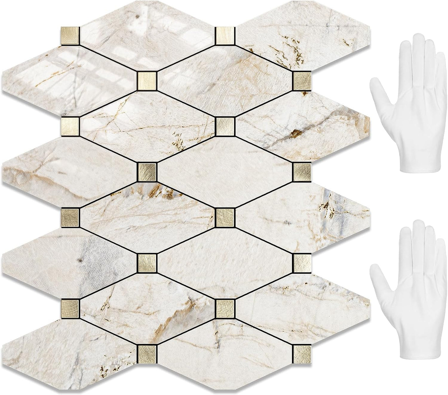 STICKGOO 10 Sheets Peel and Stick Backsplash, Polished Dolomite PVC Mixed Metal Gold Kitchen Backsplash, Stick on Backsplash Wall Tiles for Kitchen, Bathroom, RV