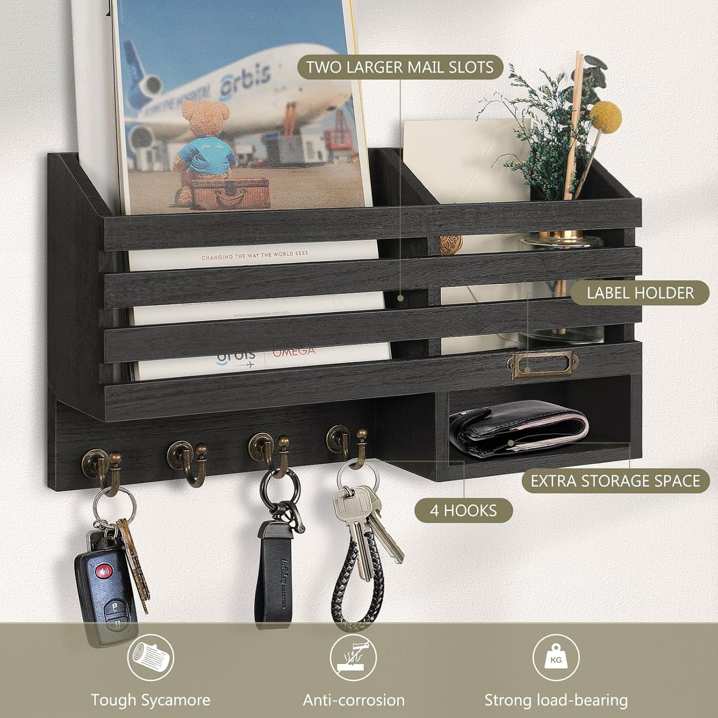 FifthQuarter Key Holder Wall Mount: Key and Mail Holder for Wall with 6 Hooks and Storage Drawer, Easy Installation Key Rack for Entryway Home Decor (A-White)