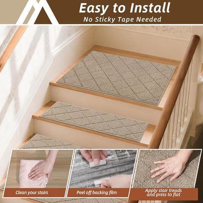 COSY HOMEER Edging Stair Treads Non-Slip Carpet Mat 28inX9in Indoor Stair Runners for Wooden Steps, Edging Stair Rugs for Kids and Dogs, 100% Polyester TPE Backing(4pc, Beige)