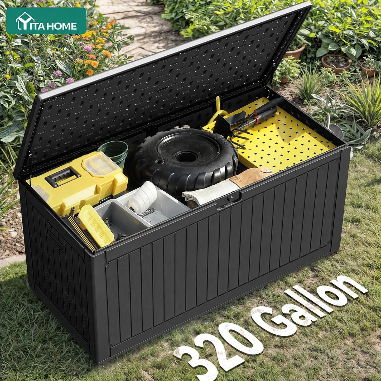 YITAHOME 100 Gallon Large Outdoor Deck Box | Waterproof Resin Storage Box, Lockable Indoor Outdoor Storage Container for Patio Furniture Cushions, Pool Accessories