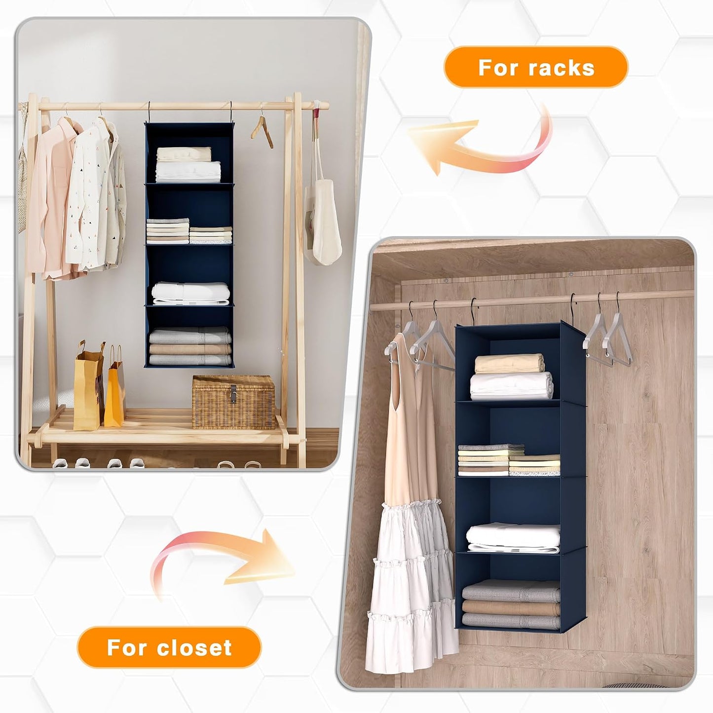 Hanging Closet Organizer 3-Shelf, Oxford Fabric Wardrobe Storage, Gray | Easy-mount foldable design holds clothes, handbags, shoes & accessories; washable Oxford fabric, sturdy and space-saving.