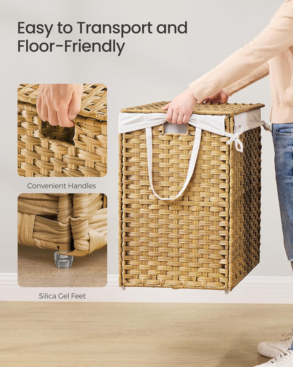 SONGMICS Laundry Hamper with Lid, 23.8 Gallon (90 L) Synthetic Rattan Clothes Laundry Basket with Lid and Handles, Foldable, Removable Liner, Chestnut Brown ULCB051K02