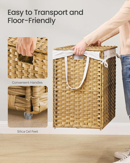 SONGMICS Laundry Hamper with Lid, 23.8 Gallon (90 L) Synthetic Rattan Clothes Laundry Basket with Lid and Handles, Foldable, Removable Liner, Chestnut Brown ULCB051K02