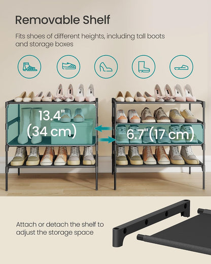 SONGMICS Shoe Rack, 2-Tier Shoe Storage Organizer, Space-Saving, 11.7 x 16.5 x 12.2 Inches, Entryway, Metal Frame, Non-Woven Fabric Shelves, Ink Black ULSH012BH01