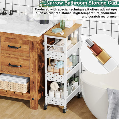 Utility Slim Storage Cart, 4-Tier Narrow Bathroom Organizers and Storage Cart, Narrow Metal Kitchen Laundry Room Organization Shelf with Wood Top, Slim Rolling Carts with Wheels for Small Space