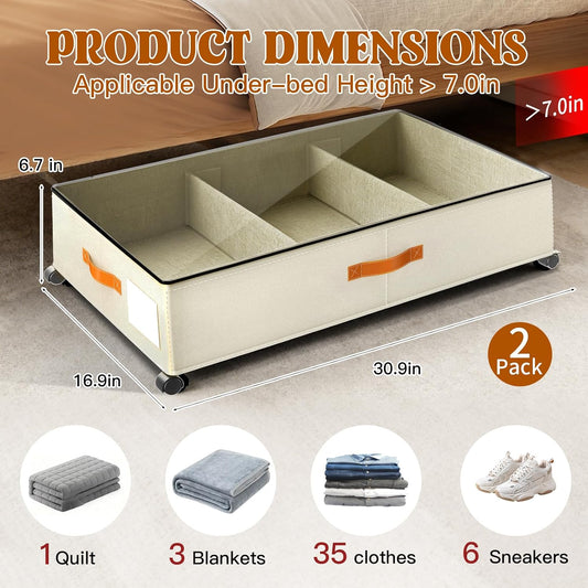 Under Bed Storage with Wheels, Rolling Under Bed Storage Containers with Clear Lid and Handles for Clothes, Shoes, Blankets, Pillows, Toys, Books, Bags (60L, 30.9 x 16.9 x 6.7in, Black, 2 Pack)