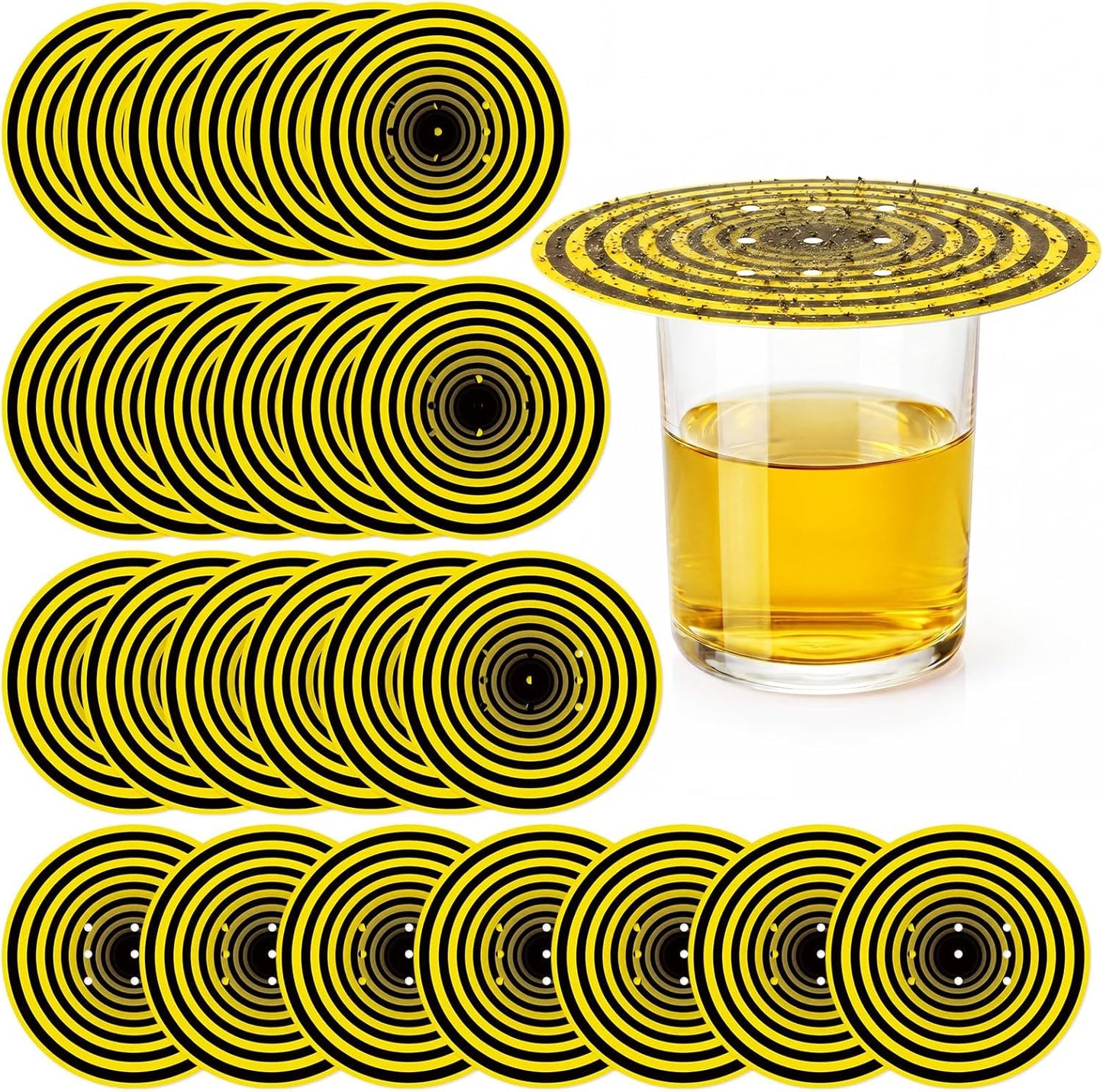 100 Pack Fruit Fly Trap Covers, Single-Sided Sticky Paper Lids, 8 Vent Holes for Vinegar/Wine Bait, Fits Cups & Jars for Indoor Kitchen & Pantry Gnat Control (Round,Yellow)