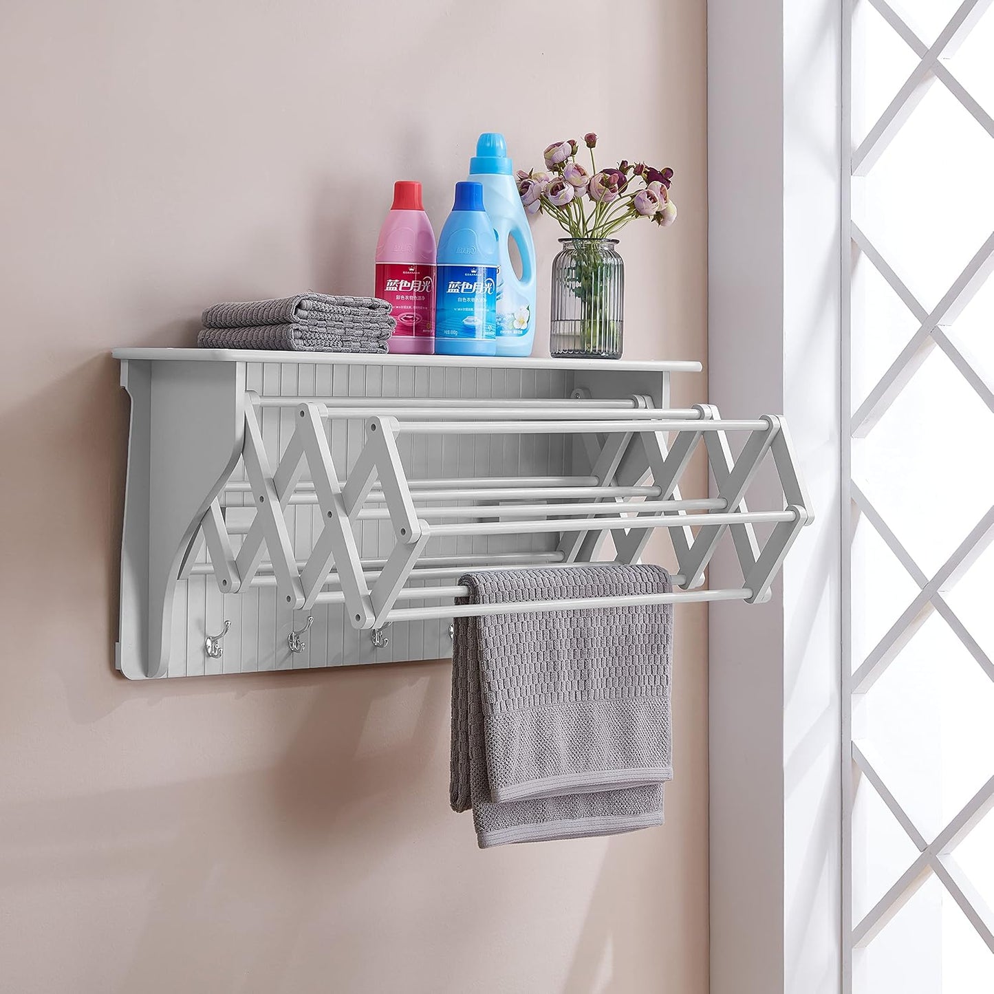 Danya B Accordion Clothes Drying Rack, Retractable, Wall Mounted Towel Rack and Hooks for Clothes and Towels for use in Laundry Room or Garage - White