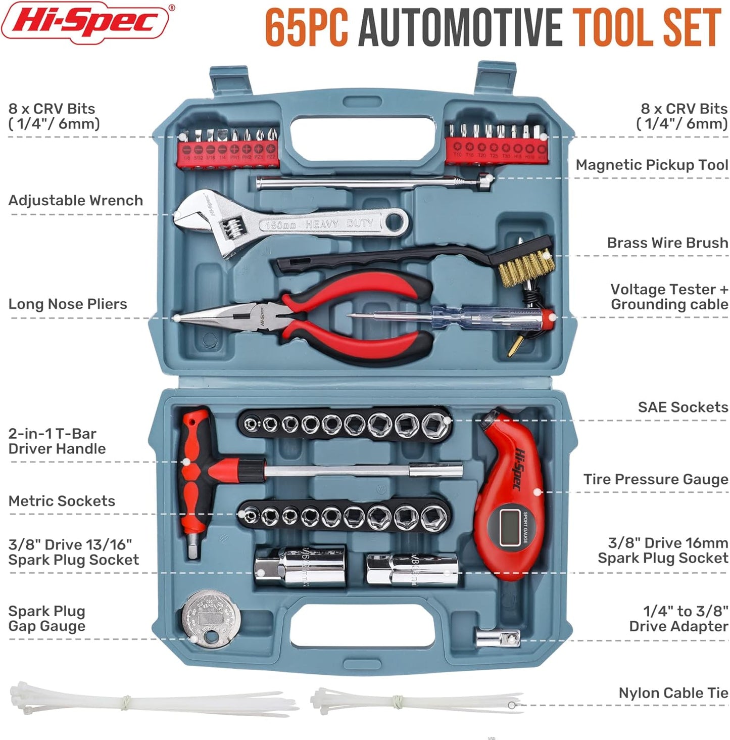 Hi-Spec 73pc Home and Garage Tool Kit Set. Essential Household and Auto Repair Tools. Includes Pliers, Sockets, Wrenches and a Hex Key Set in a Toolbox Carry Case