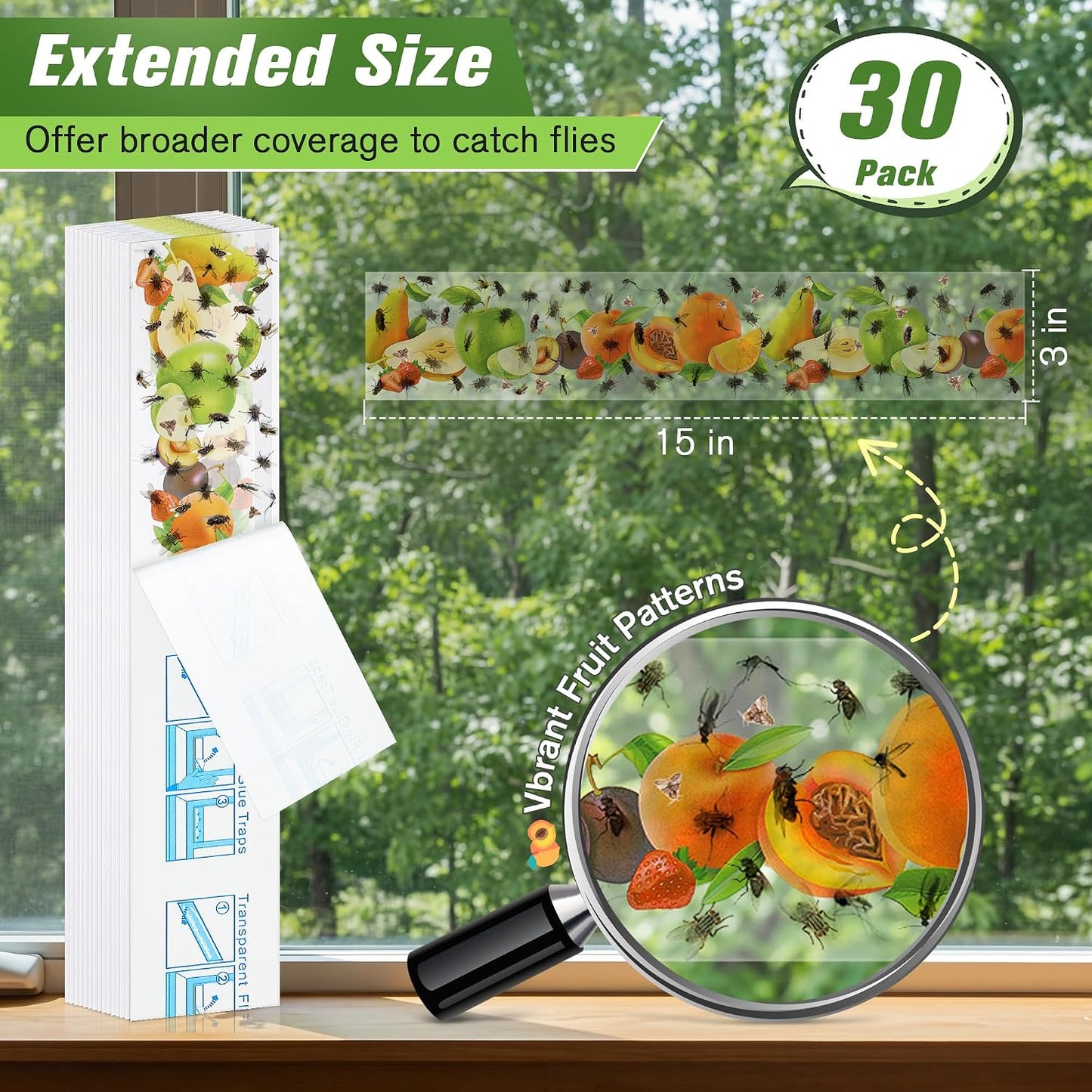 Qualirey 30 Pack XL Window Fly Traps for Indoors, Extra Large Fly Paper Sticky Strips, Waterproof & Non Toxic Clear Sticky Traps for Windows, Bug Catcher for House, Kitchen and Office(15"×3")