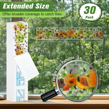 Qualirey 30 Pack XL Window Fly Traps for Indoors, Extra Large Fly Paper Sticky Strips, Waterproof & Non Toxic Clear Sticky Traps for Windows, Bug Catcher for House, Kitchen and Office(15"×3")