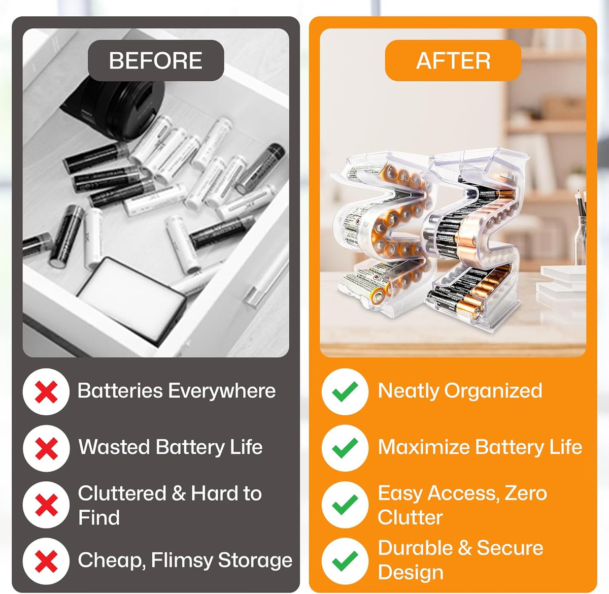 Battery Ladder Case - Battery Organizer & Dispenser (AAA & AA) | Stack It or Wall-Mount It To Dispense Batteries in First-In-First-Out Order, Tidy Storage for Home, Garage & Workshop