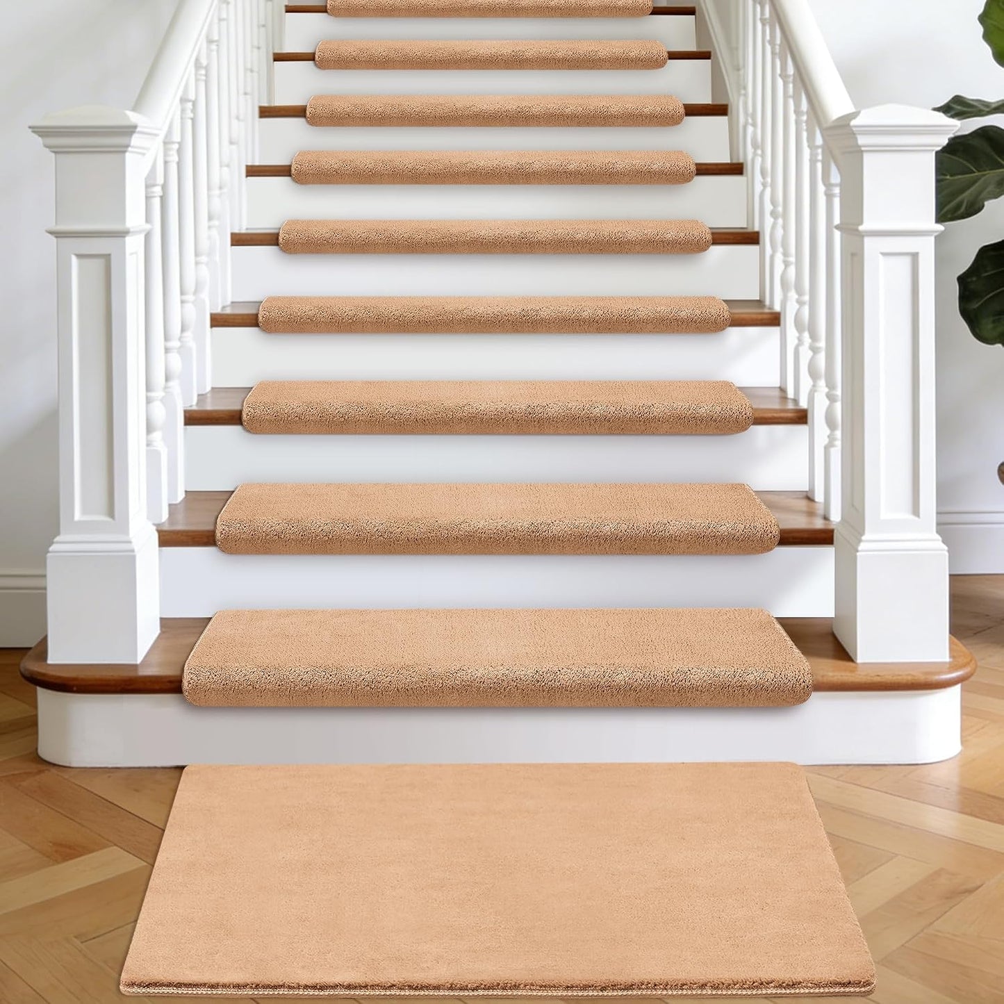 Bullnose Stair Treads Non Slip 9.5" x 32", 14 Pcs Ultra Plush Carpet Stair Treads for Wooden Steps Indoor with Edge Protection, Reusable Peel and Stick TPU Backing Stair Runner Rugs - Beige Gray