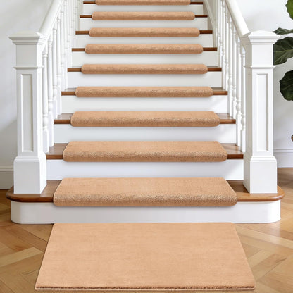 Bullnose Stair Treads Non Slip 9.5" x 32", 14 Pcs Ultra Plush Carpet Stair Treads for Wooden Steps Indoor with Edge Protection, Reusable Peel and Stick TPU Backing Stair Runner Rugs - Beige Gray