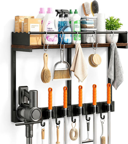 Broom Holder Wall Mount, Heavy Duty Broom and Mop Organizer Wall Hanging with Vacuum Stand, 5 Grippers & 10 Hooks, Utility Racks with Wood Shelf & Guard, Laundry Organization & Storage (S)
