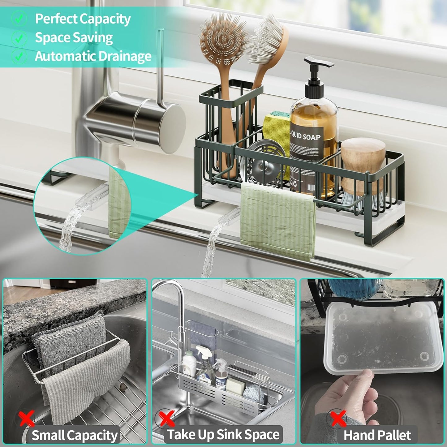 HapiRm Sponge Holder for Kitchen Sink - Self-draining Sink Caddy with Brush and Dishcloth Holders, Stainless Steel Kitchen Countertop Organizers and Storage Essentials - Black