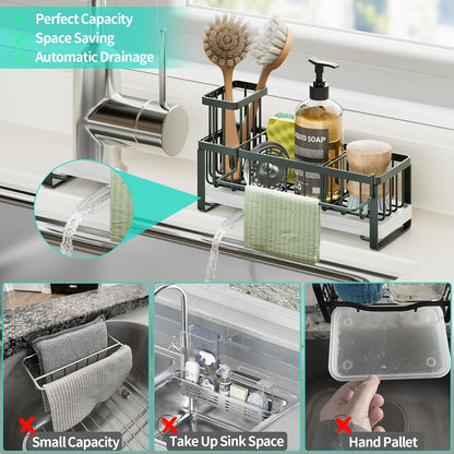 HapiRm Sponge Holder for Kitchen Sink - Self-draining Sink Caddy with Brush and Dishcloth Holders, Stainless Steel Kitchen Countertop Organizers and Storage Essentials - Black