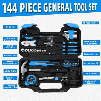 144-Piece General Household Hand Tool Kit with Plastic Toolbox Pink | Basic General Hand Tool Kit, Household Tool Set, for Home Repair, Office & College Dormitory Use, Daily Use for Women