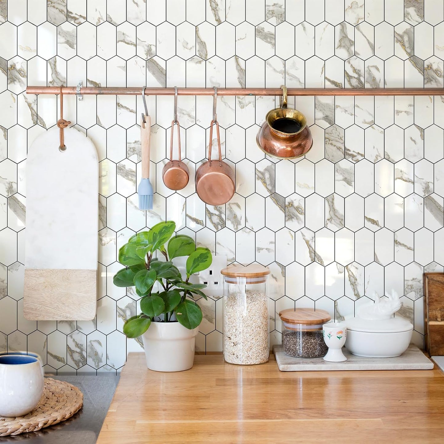 Vamos Tile Long Hexagon Peel and Stick Backsplash Tile - 10 Sheets Stick on Backsplash for Kitchen and Bathroom 12.4 x 12 Inch Glossy Wood Grain PVC Self Adhesive Mosaic Wall Tiles