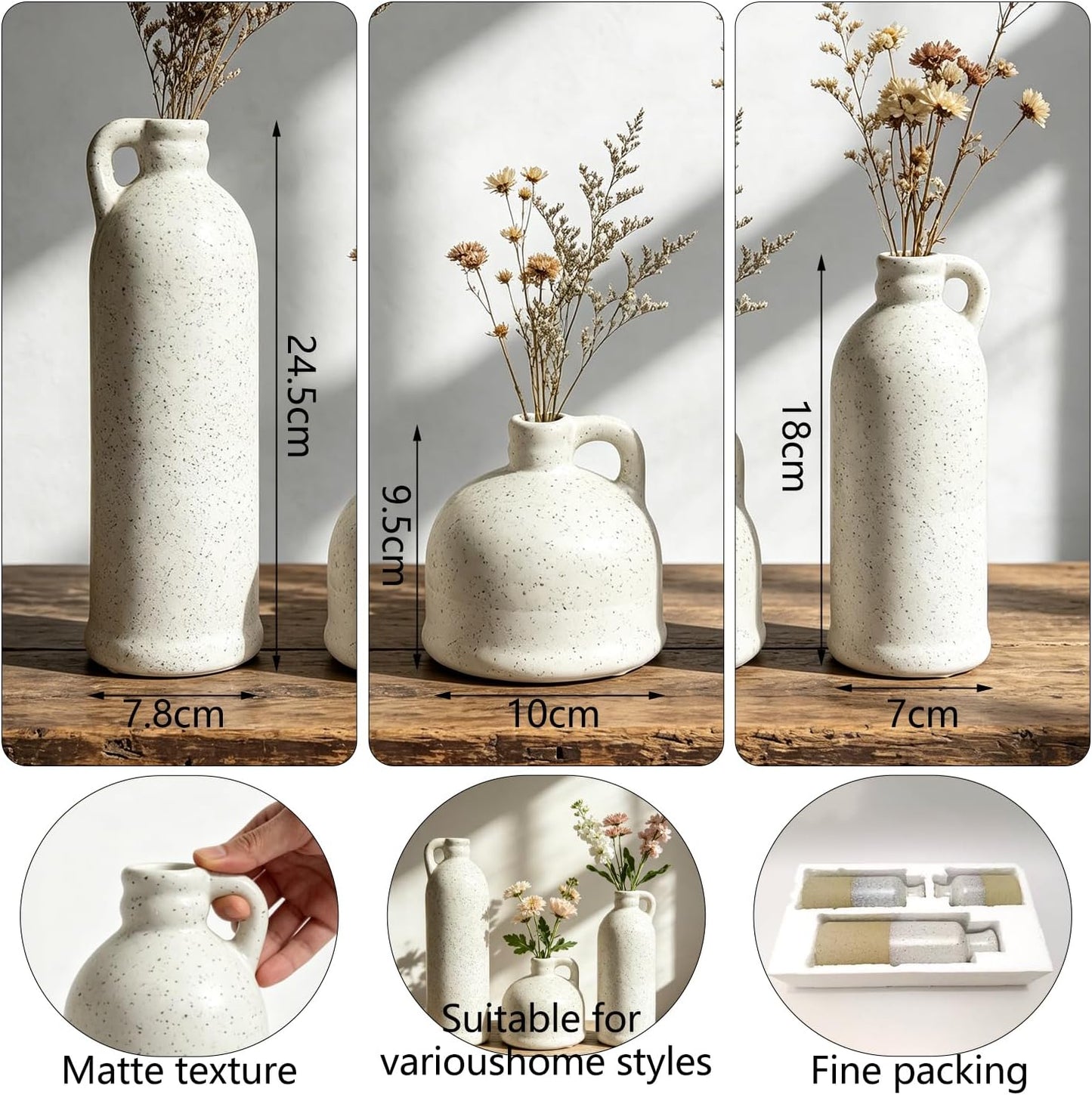 Ceramic Vase Set of 3,Rustic Vase Home Decor, Farmhouse Vase Decor for Shelves,Entry Table,Living Room,Fireplace