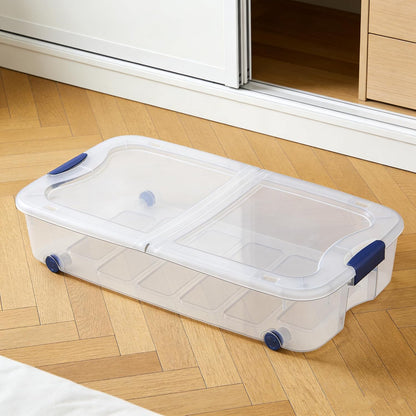 Large Storage Bin 66 Quart, Clear Underbed Storage Container with Latching Lid and 4 Wheels, Blue Plastic Organizer for Bedroom, Closet, or Home