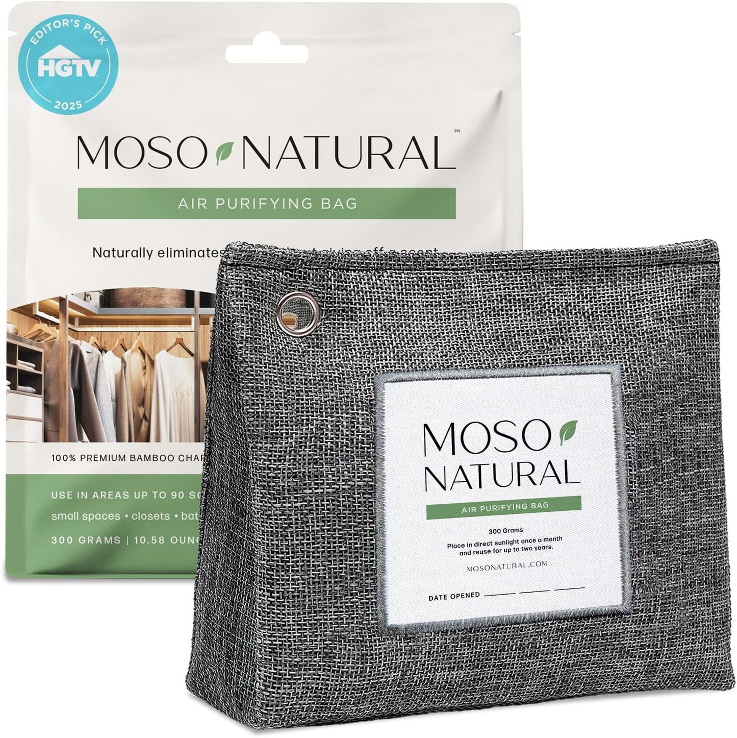 Moso Natural Air Purifying Bag 300g (2 Pack) Premium Charcoal Odor Absorber & Deodorizer for Closets, Bathrooms & Small Spaces — Lasts 2 Years, Pet Odor Eliminator for Home, Unscented Bamboo Charcoal