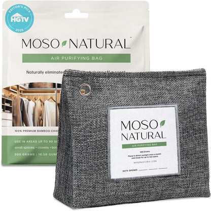 Moso Natural Air Purifying Bag 300g (2 Pack) Premium Charcoal Odor Absorber & Deodorizer for Closets, Bathrooms & Small Spaces — Lasts 2 Years, Pet Odor Eliminator for Home, Unscented Bamboo Charcoal