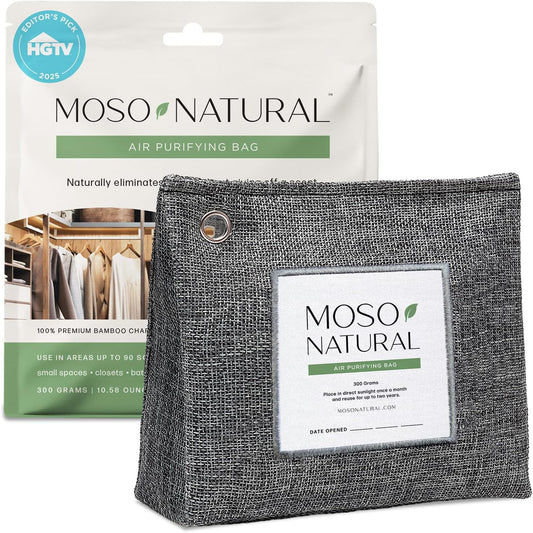 Moso Natural Air Purifying Bag 300g (2 Pack) Premium Charcoal Odor Absorber & Deodorizer for Closets, Bathrooms & Small Spaces — Lasts 2 Years, Pet Odor Eliminator for Home, Unscented Bamboo Charcoal