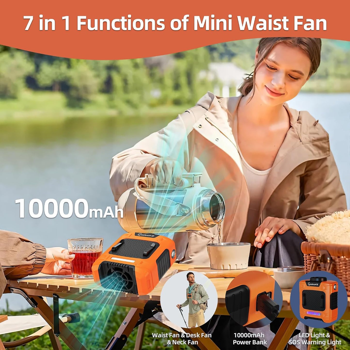Waist Clip Fan - 5000mAh Rechargeable Portable Personal Fan, 39ft/s Ultra-Strong Wind, 29H Runtime, 5 Speeds, LED & SOS Light, for Outdoor, Camping, Hiking, Construction