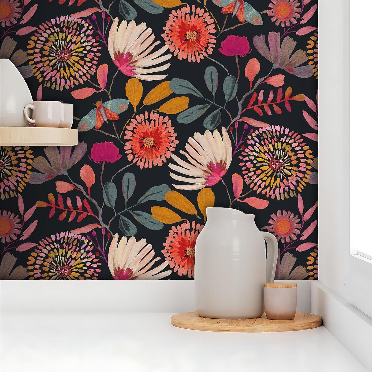 Wallpaper Peel and Stick Floral Wall Paper Removable Waterproof Navy/Pink/Orange Contact Paper for Bedroom, Bathroom,Bathroom, Home Wall 17.3" x 118"