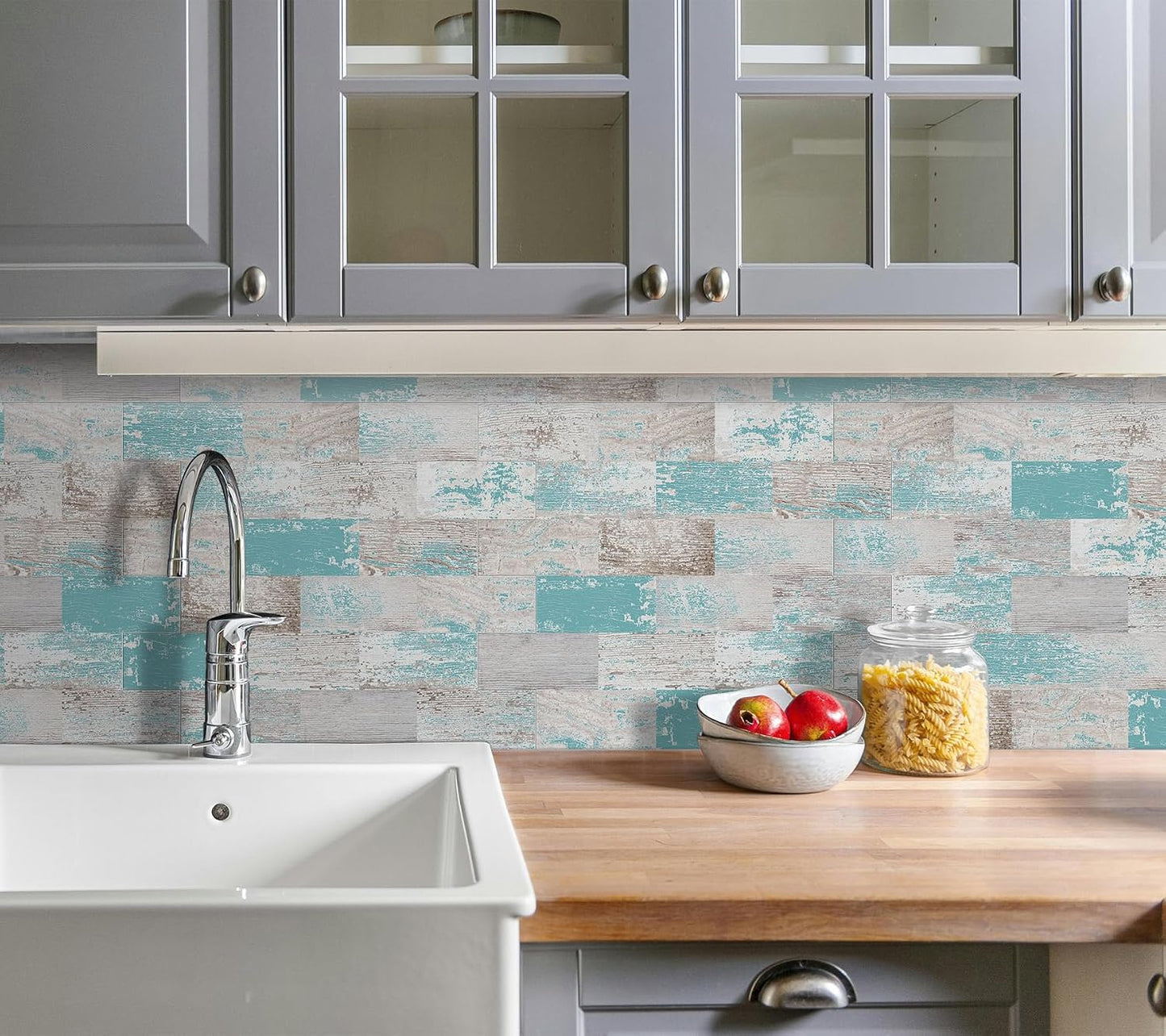 DEWOO Peel and Stick Wall Tile Backsplash PVC Self Adhesive Tiles for Kitchen Bathroom Turquoise Teal (10-Sheet, 13.5" x 11.4") | Self adhesive, thick, cover, vintage, retro, pvc adhesive wall tile, 34 x 29 cm