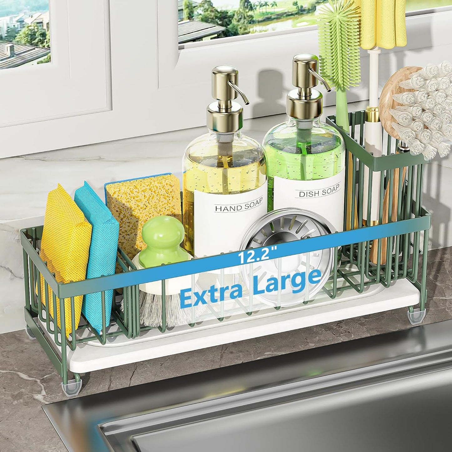 Cisily Extra Large Sink Caddy Organizer with Drying Stone, Black Sponge Holder for Kitchen, Dish Brush Holder for Countertop, Kitchen Decor Storage and Essentials