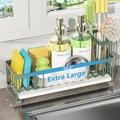 Cisily Extra Large Sink Caddy Organizer with Drying Stone, Black Sponge Holder for Kitchen, Dish Brush Holder for Countertop, Kitchen Decor Storage and Essentials