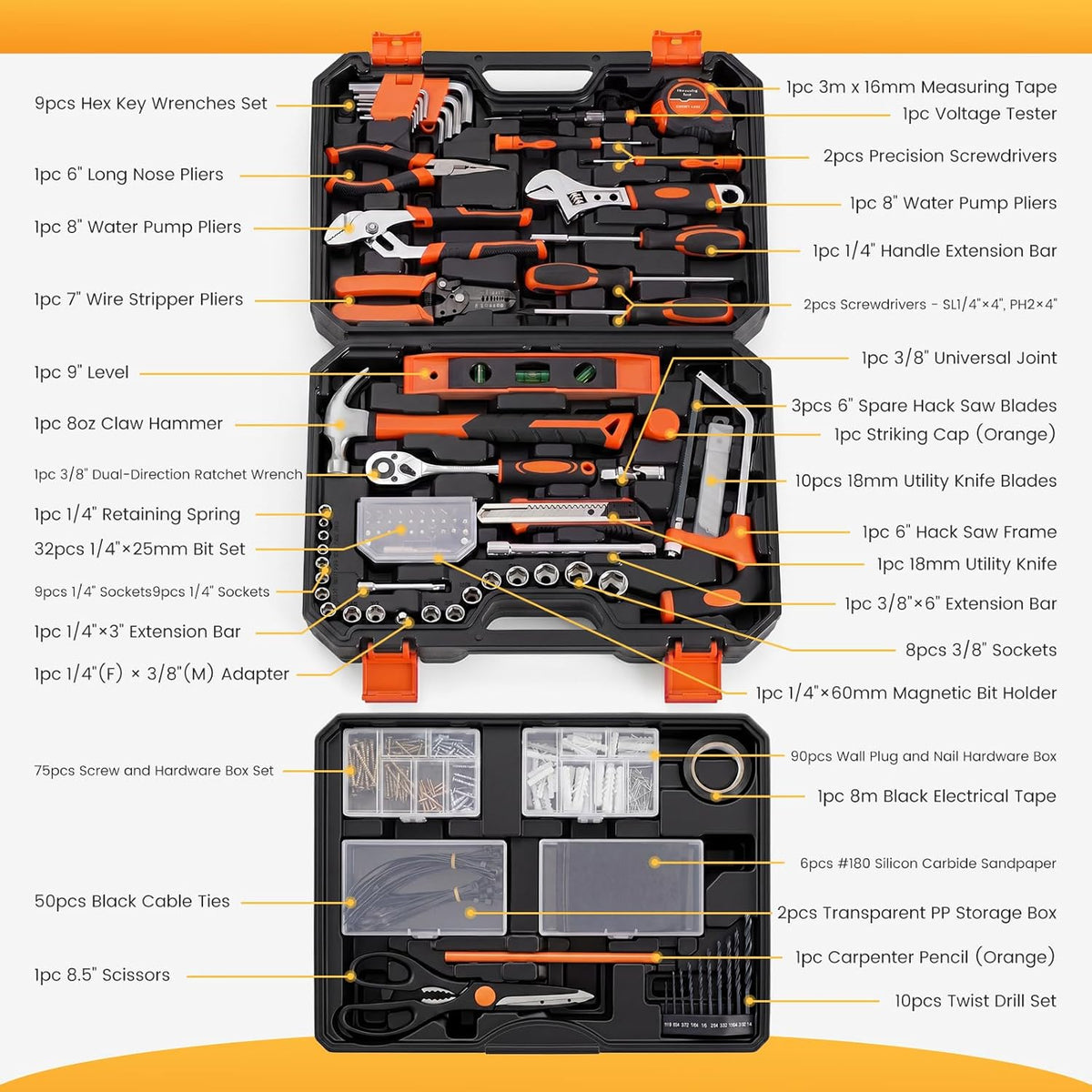 NEWBULIG 330-Piece Complete Tool Box Set, Durable Homeowners Tool Kit with Pull-Out Drawer, Versatile Home Repair Kit for Auto & Household, DIY Projects, Black-Red