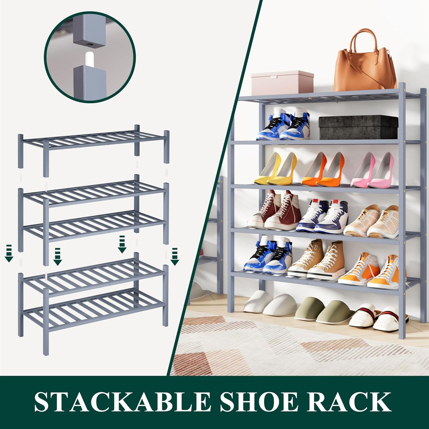 Smiry Bamboo Shoe Rack, 3 Tier Free Standing Wooden Shoe Organizer, Stackable Wood Shoe Storage Shelf for Closet, Entryway, 12 Vertical Slats, 2+1 Stack Standard Legs, 26.8"x11"x19.5", Natural