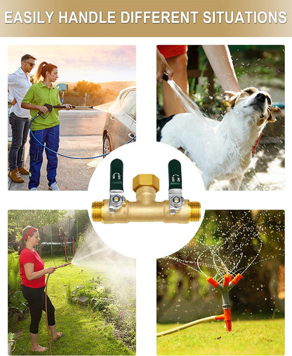 EBH Garden Hose Splitter 2 Way, Heavy Duty Solid Brass Hose Splitter with Shutoff Valves, Water Spigot Splitter With 304 Stainless Steel Handle, Full Flow Outdoor Faucet Splitter, 3/4" GHT Thread