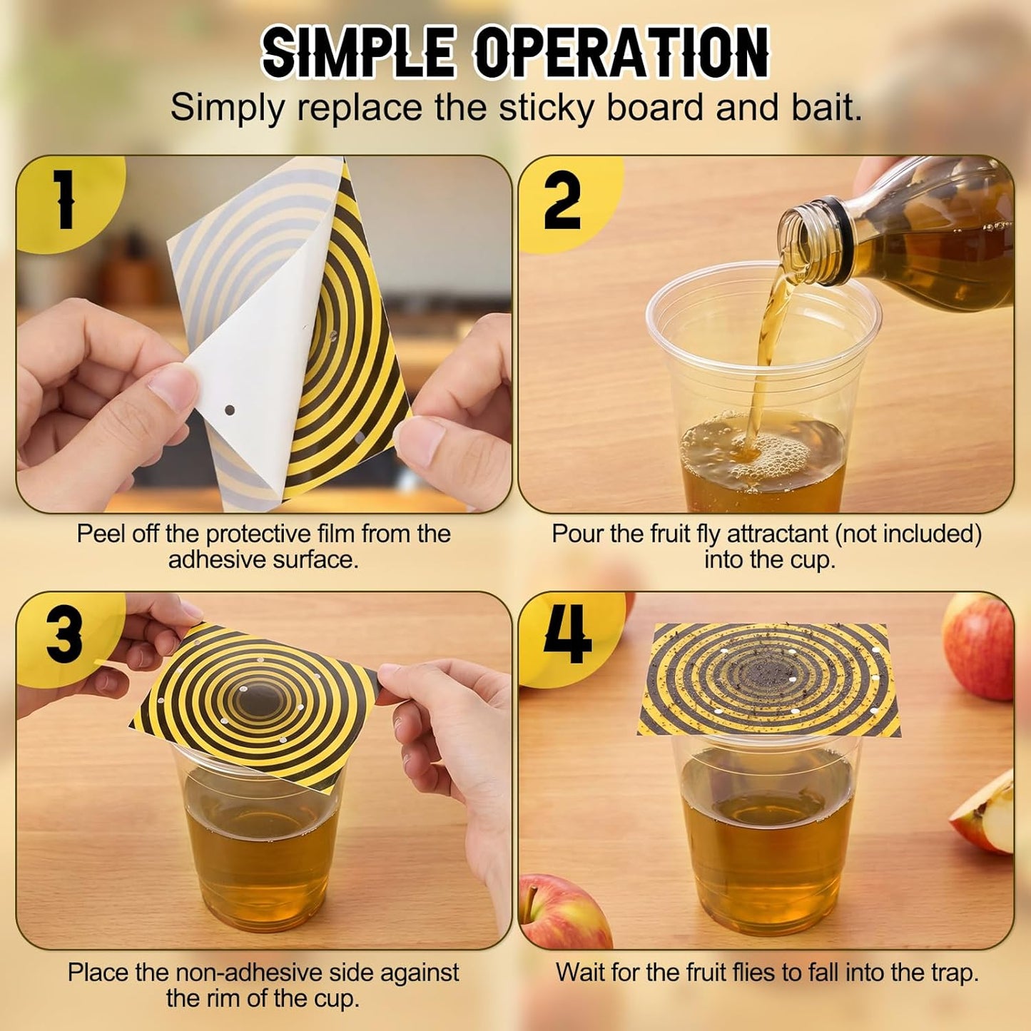 100 Pack Fruit Fly Trap Covers, Single-Sided Sticky Paper Lids, 8 Vent Holes for Vinegar/Wine Bait, Fits Cups & Jars for Indoor Kitchen & Pantry Gnat Control (Round,Yellow)
