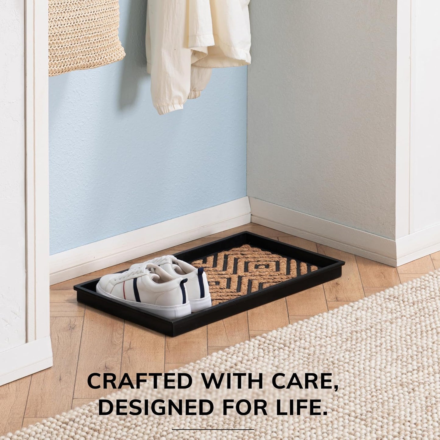 Anji Mountain Heavy Duty Waterproof Rubber Shoe Storage Mat Organizer/Boot Storage Tray Multi Use for Entryway with Coir, Tan Insert, Fits 4 Pair (46.5" Wide)