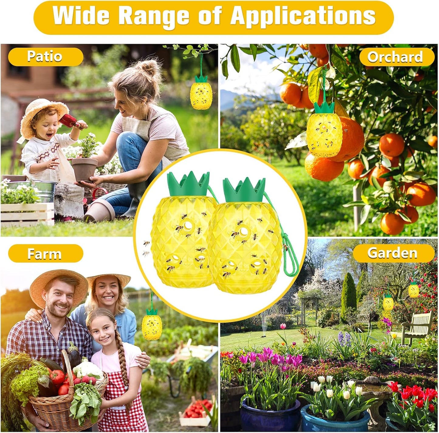 Wasp Trap, Yellow Jacket & Hornet Catcher for Outdoors, Reusable Hanging Wasp Catcher Traps, 2 Pack, Yellow - Pineapple Shape