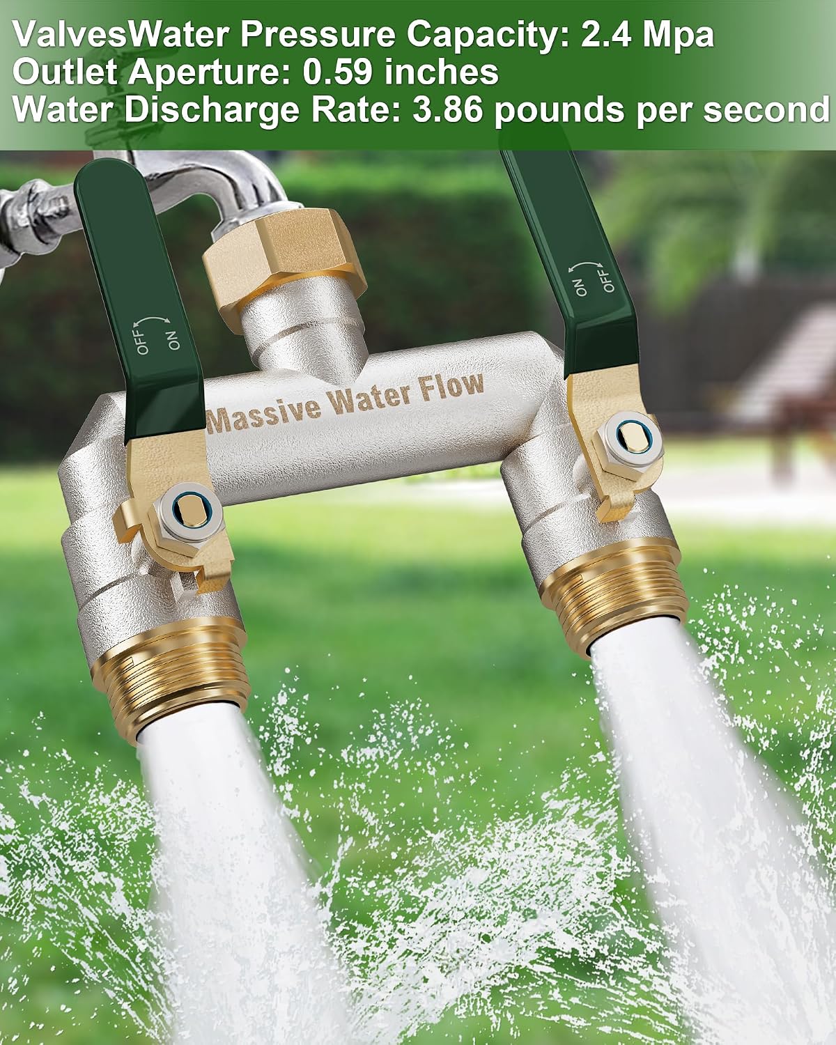 Hose Splitter 2 Way Heavy Duty, Garden Hose Splitter with 304 Stainless Steel Long Handle, Full Flow Brass Nickel Plated Water Hose T Spigot Splitter Adapter Connector, 3/4 - Inch GHT Thread (Blue)