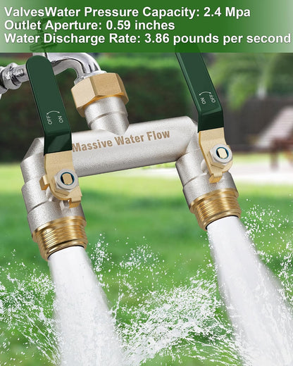 Hose Splitter 2 Way Heavy Duty, Garden Hose Splitter with 304 Stainless Steel Long Handle, Full Flow Brass Nickel Plated Water Hose T Spigot Splitter Adapter Connector, 3/4 - Inch GHT Thread (Blue)