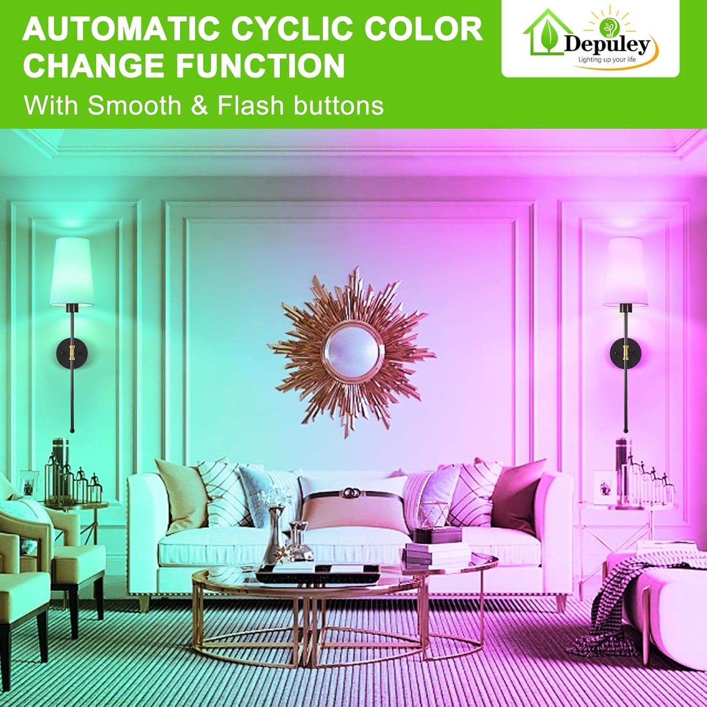 Depuley Battery Operated Wall Sconce: Set of 2 Wireless Wall Lights with 10000mAh Dimmable Bulbs and Remote for Bedroom - Rechargeable 15 Colors Gold Wall Lamp for Living Room Hallway